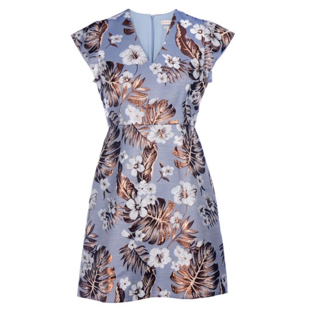 V-Neck Light Blue Asymmetrical Floral Dress with Metallic Leaf Detail